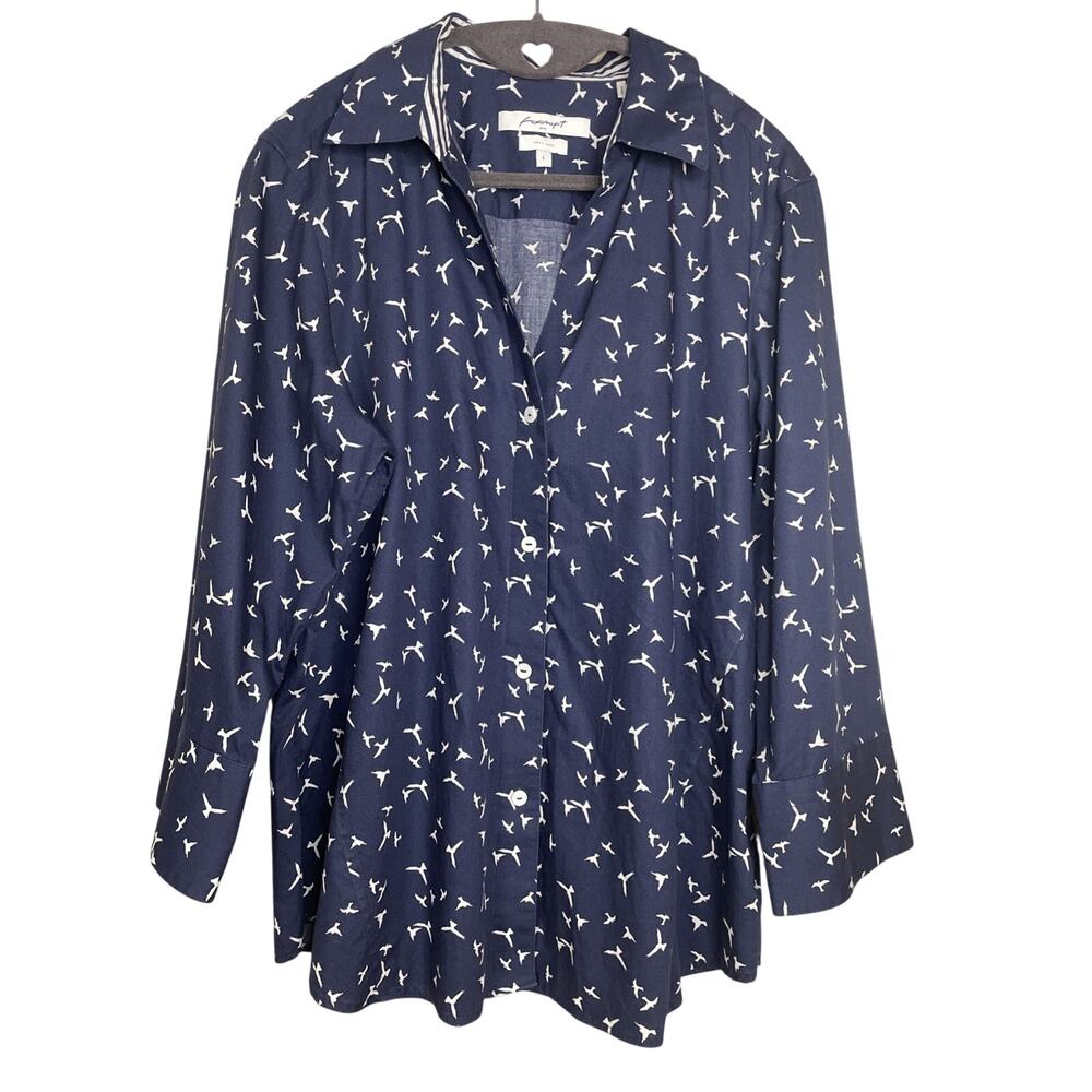 FOXCROFT NYC Easy Care - Size Large Button-up Top - Navy w/White Bird Pattern